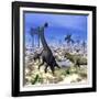 Allosaurus Dinosaurs Attacking a Brachiosaurus in the Desert-Stocktrek Images-Framed Art Print