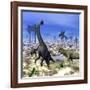 Allosaurus Dinosaurs Attacking a Brachiosaurus in the Desert-Stocktrek Images-Framed Art Print