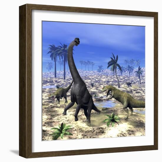 Allosaurus Dinosaurs Attacking a Brachiosaurus in the Desert-Stocktrek Images-Framed Art Print