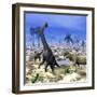 Allosaurus Dinosaurs Attacking a Brachiosaurus in the Desert-Stocktrek Images-Framed Art Print