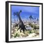 Allosaurus Dinosaurs Attacking a Brachiosaurus in the Desert-Stocktrek Images-Framed Art Print