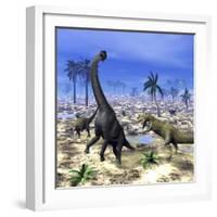 Allosaurus Dinosaurs Attacking a Brachiosaurus in the Desert-Stocktrek Images-Framed Art Print