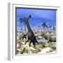 Allosaurus Dinosaurs Attacking a Brachiosaurus in the Desert-Stocktrek Images-Framed Art Print