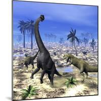 Allosaurus Dinosaurs Attacking a Brachiosaurus in the Desert-Stocktrek Images-Mounted Art Print