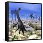 Allosaurus Dinosaurs Attacking a Brachiosaurus in the Desert-Stocktrek Images-Framed Stretched Canvas