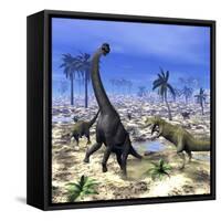 Allosaurus Dinosaurs Attacking a Brachiosaurus in the Desert-Stocktrek Images-Framed Stretched Canvas
