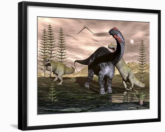 Allosaurus Dinosaurs Attacking an Apatosaurus-Stocktrek Images-Framed Art Print