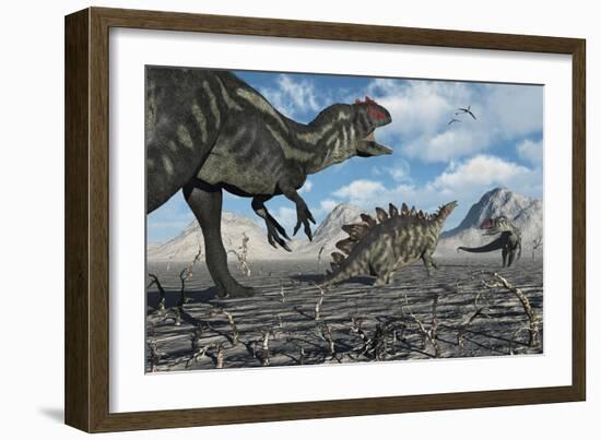 Allosaurus Dinosaurs Moving in to Kill a Stegosaurus Trapped in a Mud Pit-null-Framed Art Print