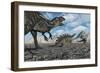 Allosaurus Dinosaurs Moving in to Kill a Stegosaurus Trapped in a Mud Pit-null-Framed Art Print