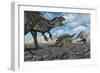 Allosaurus Dinosaurs Moving in to Kill a Stegosaurus Trapped in a Mud Pit-null-Framed Art Print