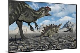Allosaurus Dinosaurs Moving in to Kill a Stegosaurus Trapped in a Mud Pit-null-Mounted Art Print