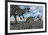 Allosaurus Dinosaurs Moving in to Kill a Stegosaurus Trapped in a Mud Pit-null-Framed Art Print