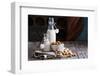 Almond Nut Vegan Milk Non Dairy in Different Bottles with Copy Space-Elena Veselova-Framed Photographic Print