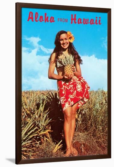 Aloha from Hawaii, Girl with Pineapple in Field-null-Framed Art Print