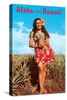 Aloha from Hawaii, Girl with Pineapple in Field-null-Stretched Canvas