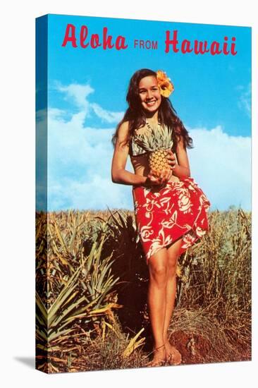Aloha from Hawaii, Girl with Pineapple in Field-null-Stretched Canvas