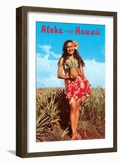 Aloha from Hawaii, Girl with Pineapple in Field-null-Framed Art Print