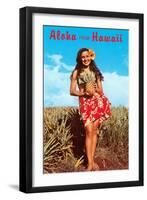 Aloha from Hawaii, Girl with Pineapple in Field-null-Framed Art Print