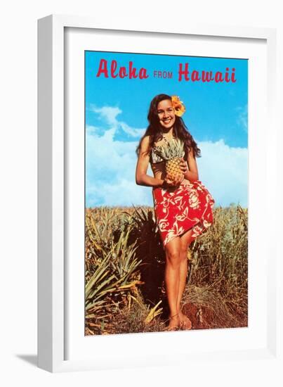 Aloha from Hawaii, Girl with Pineapple in Field-null-Framed Art Print