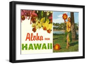 Aloha from Hawaii, Hula Girl and Flowers-null-Framed Art Print