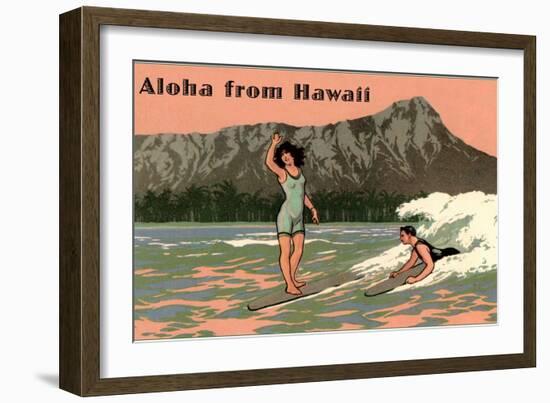 Aloha from Hawaii, Old Fashioned Surfers-null-Framed Art Print