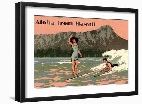 Aloha from Hawaii, Old Fashioned Surfers-null-Framed Art Print