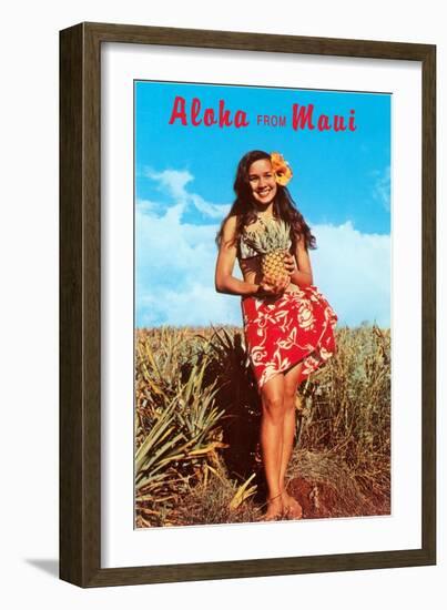 Aloha from Maui, Girl in Field with Pineapple-null-Framed Art Print