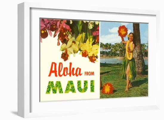 Aloha from Maui, Hula Girl and Flowers-null-Framed Art Print