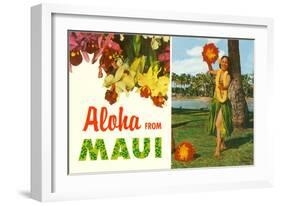 Aloha from Maui, Hula Girl and Flowers-null-Framed Art Print