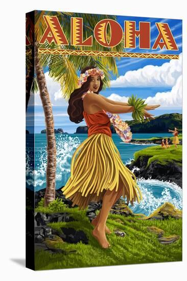 Aloha - Hawaii Hula Girl on Coast-Lantern Press-Stretched Canvas
