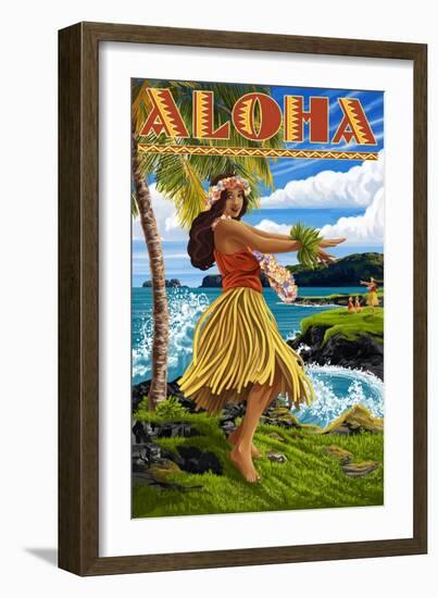 Aloha - Hawaii Hula Girl on Coast-Lantern Press-Framed Art Print