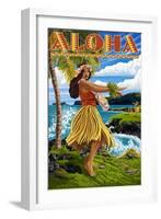 Aloha - Hawaii Hula Girl on Coast-Lantern Press-Framed Art Print