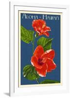 Aloha Hawaii - Red Hibiscus Flower Letterpress-Lantern Press-Framed Art Print