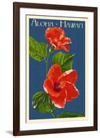 Aloha Hawaii - Red Hibiscus Flower Letterpress-Lantern Press-Framed Art Print