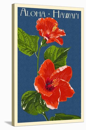 Aloha Hawaii - Red Hibiscus Flower Letterpress-Lantern Press-Stretched Canvas