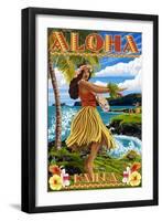 Aloha Kailua, Hawaii - Hula Girl on Coast-Lantern Press-Framed Art Print