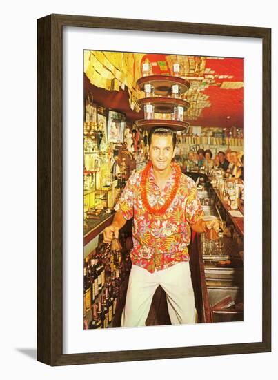 Aloha-Shirted Bartender with Trays on Head-null-Framed Art Print