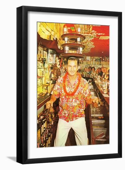 Aloha-Shirted Bartender with Trays on Head-null-Framed Art Print