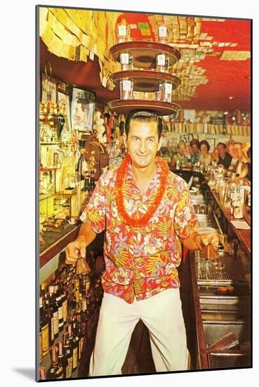 Aloha-Shirted Bartender with Trays on Head-null-Mounted Art Print