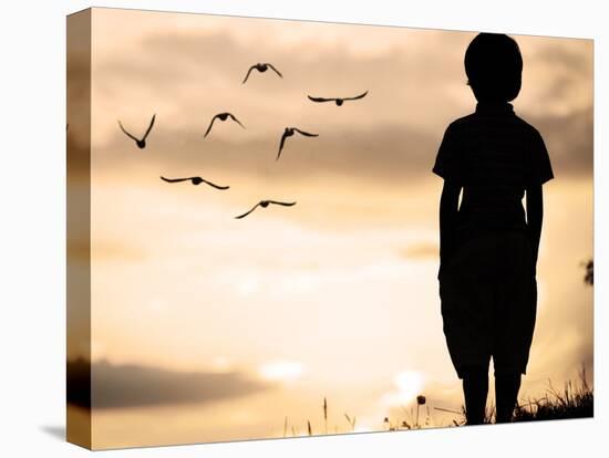 Alone Kid Standing on Field Looking far Away on Birds Flock-zurijeta-Stretched Canvas