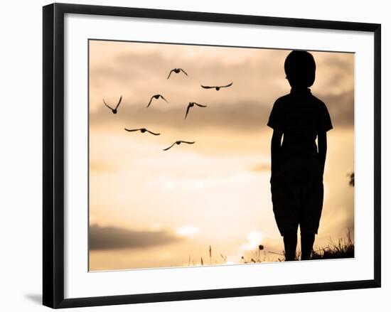 Alone Kid Standing on Field Looking far Away on Birds Flock-zurijeta-Framed Premium Photographic Print