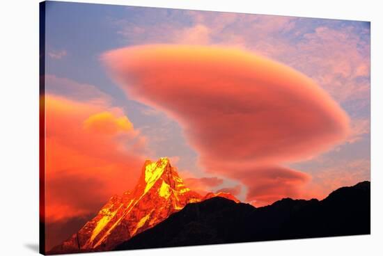 Alpenglow at sunset on Machapuchare, Nepelese Himalayas-Ashley Cooper-Stretched Canvas