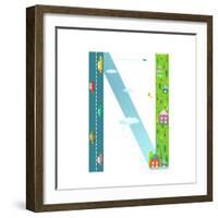 Alphabet Letter N Cartoon Flat Style for Kids. Fun Alphabet Letter for Children Boys and Girls With-Popmarleo-Framed Art Print