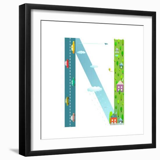 Alphabet Letter N Cartoon Flat Style for Kids. Fun Alphabet Letter for Children Boys and Girls With-Popmarleo-Framed Art Print