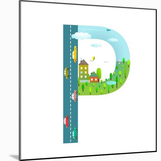 Alphabet Letter P Cartoon Flat Style for Kids. Fun Alphabet Letter for Children Boys and Girls With-Popmarleo-Mounted Art Print