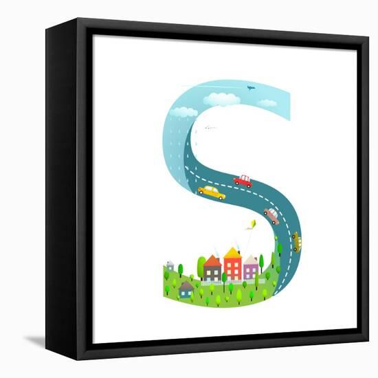 Alphabet Letter S Cartoon Flat Style for Children. for Kids Boys and Girls with City, Houses, Cars,-Popmarleo-Framed Stretched Canvas