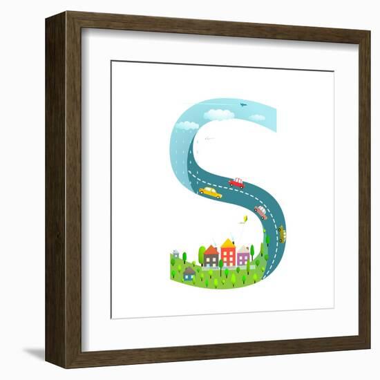 Alphabet Letter S Cartoon Flat Style for Children. for Kids Boys and Girls with City, Houses, Cars,-Popmarleo-Framed Art Print