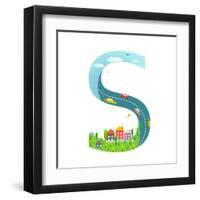 Alphabet Letter S Cartoon Flat Style for Children. for Kids Boys and Girls with City, Houses, Cars,-Popmarleo-Framed Art Print