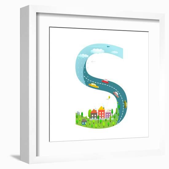 Alphabet Letter S Cartoon Flat Style for Children. for Kids Boys and Girls with City, Houses, Cars,-Popmarleo-Framed Art Print