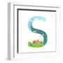 Alphabet Letter S Cartoon Flat Style for Children. for Kids Boys and Girls with City, Houses, Cars,-Popmarleo-Framed Art Print